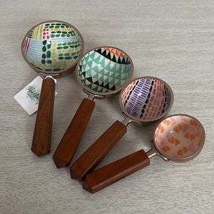 Chilcote & Richards set of four measuring cups. Wood, copper, & enamel. NWT